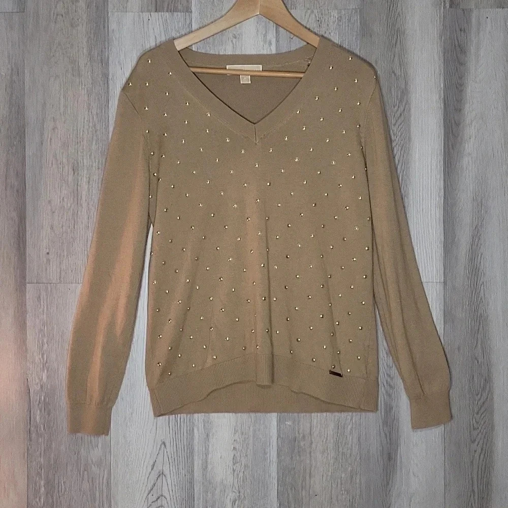 Michael Kors Camel Angora Gold Embellished Long Sleeve Sweater Womens Size M
